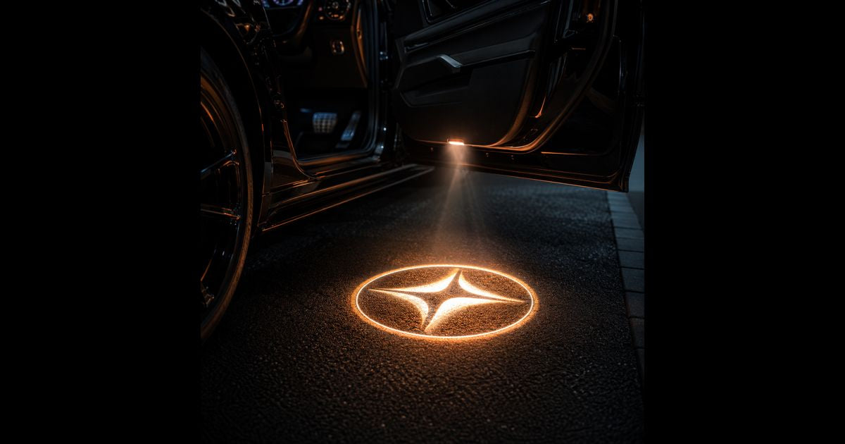 Car door LED projector light casting glowing star emblem on ground at night