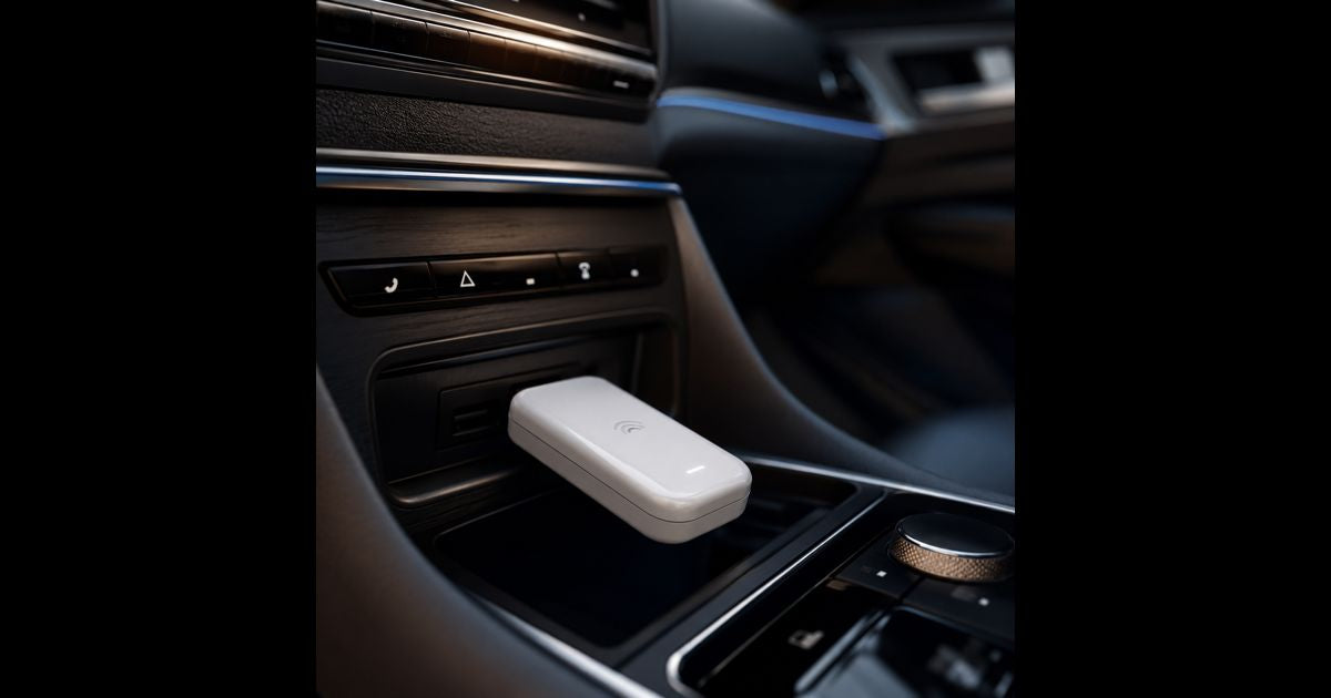 Wireless Apple CarPlay Adapter plugged into luxury car console